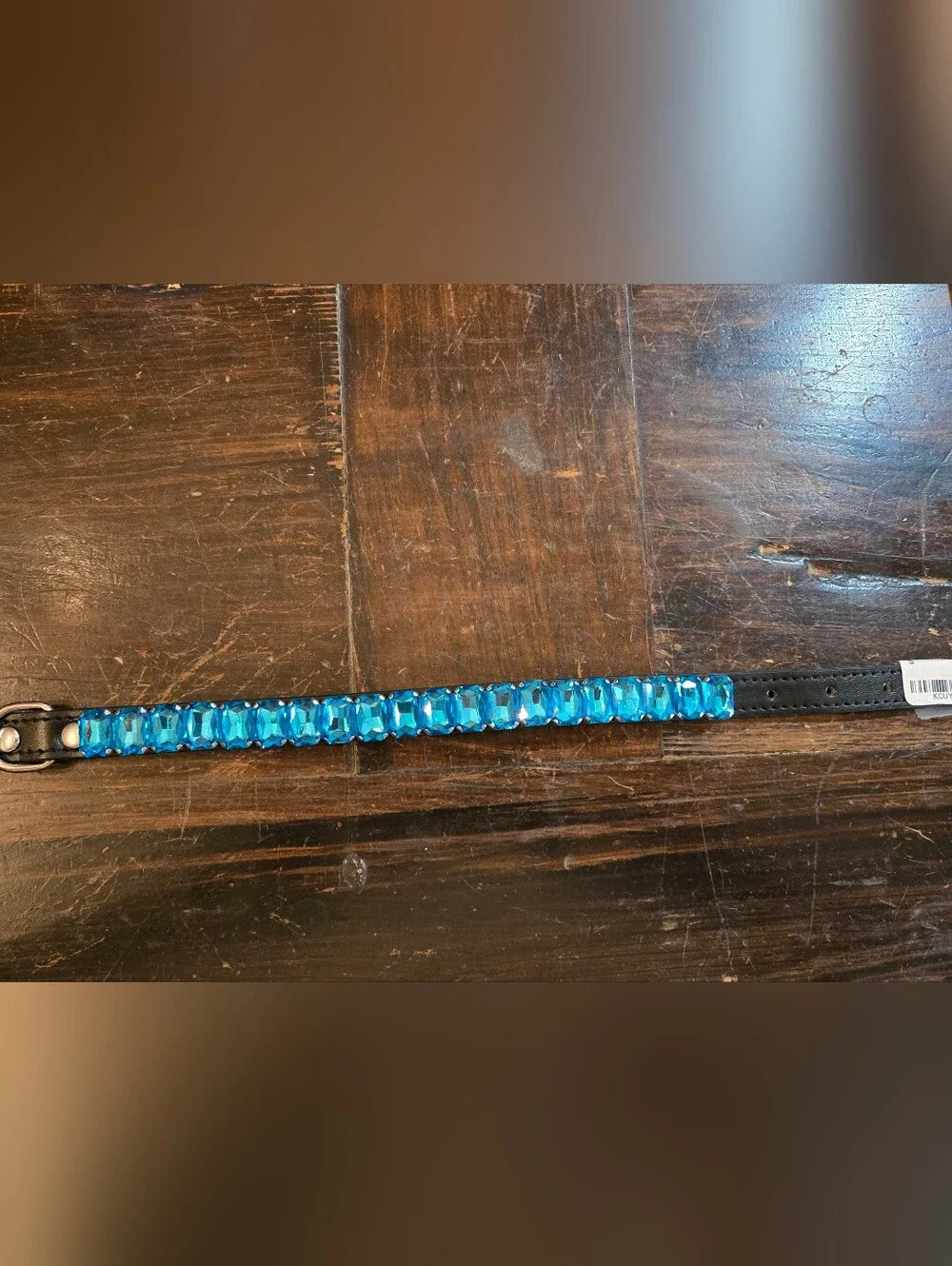Blue Rhinestone Leather Dog Collar - Size Small